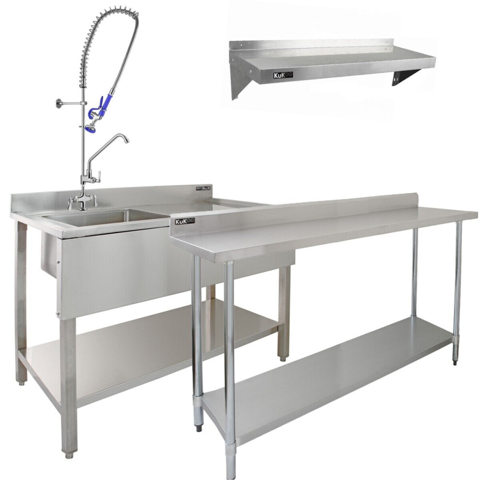 Stainless Steel Catering Bench & Wall Shelves Commercial Kitchen Work Prep Table