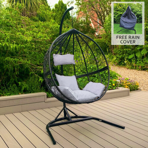 Black Egg Chair Rattan Hanging Swing Garden Outdoor Indoor