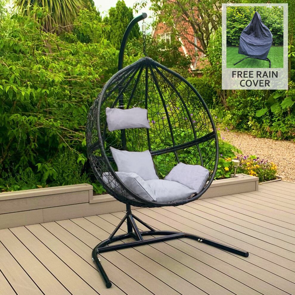 Chaise Oeuf Noir Balançoire suspendue en rotin Jardin Extérieur Intérieur & Coussins
