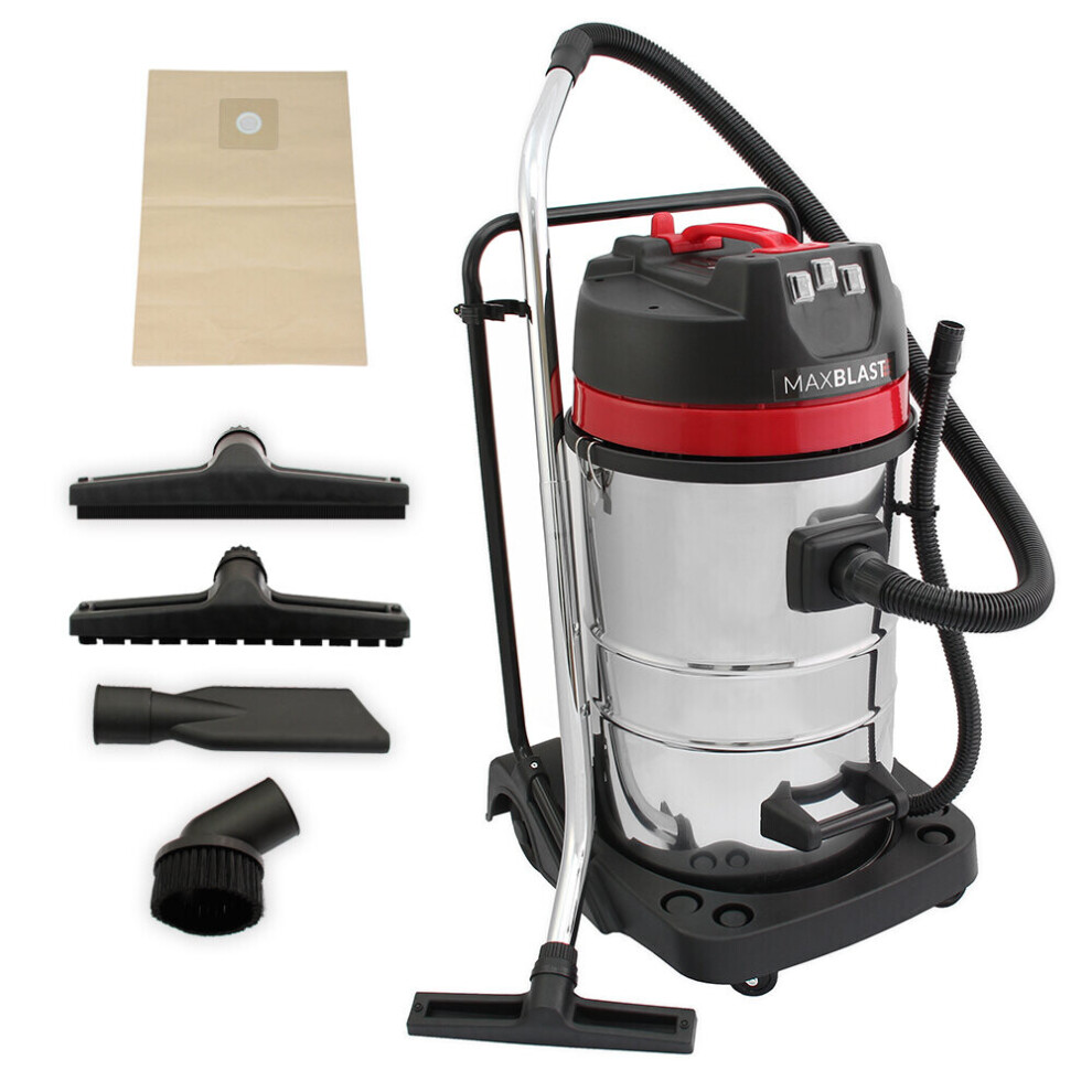 MAXBLAST 80L Wet & Dry Industrial Vacuum Cleaner - 3000W Triple Motor, Stainless Steel, 9m Cable, 3 Attachments (Code 10678)
