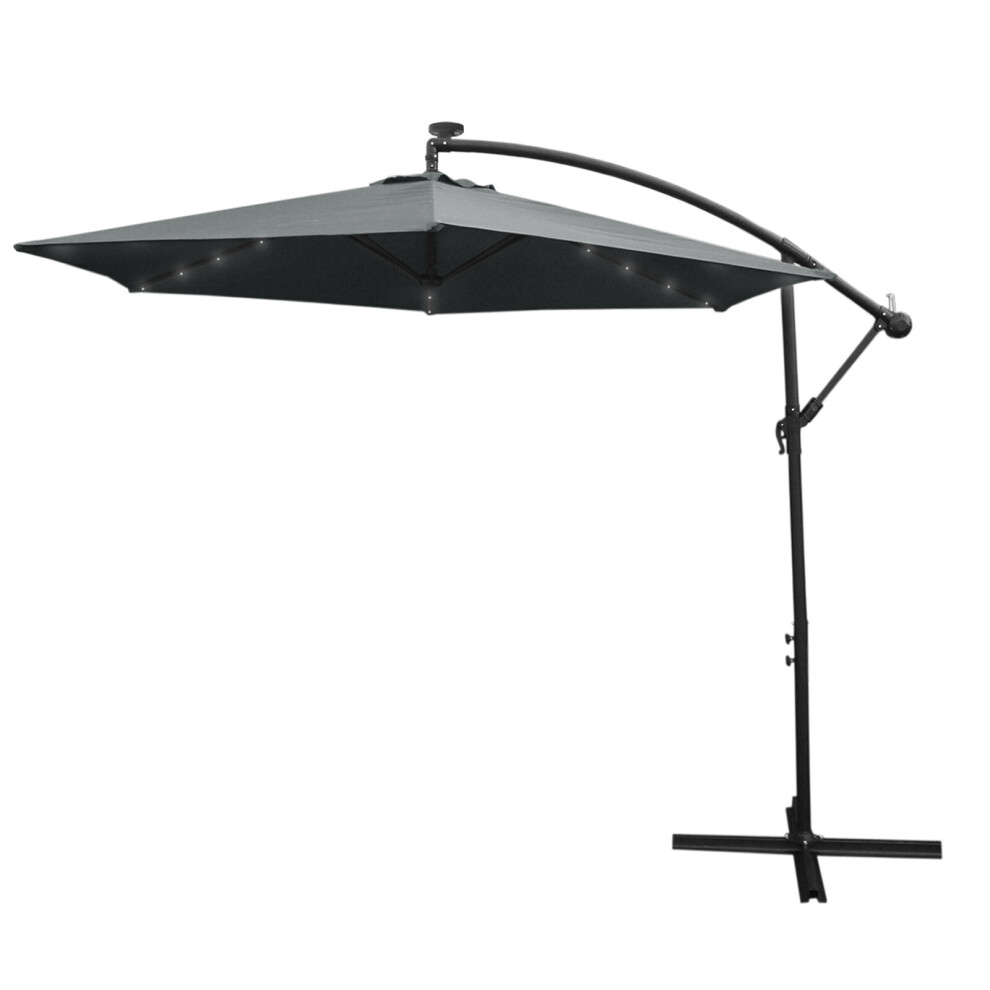 (Black, Fan Base) 3m LED Cantilever Parasol Banana Umbrella Garden