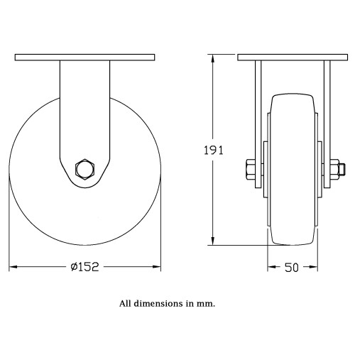 Parnells 152mm fixed castor with black elastic rubber on aluminium centre wheel 1