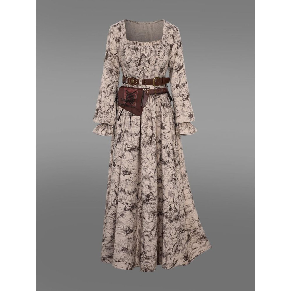 (coffee, L) Rosegal Gothic Poet Sleeves Ruched Frilled Distressed Floral Print A Line Dress