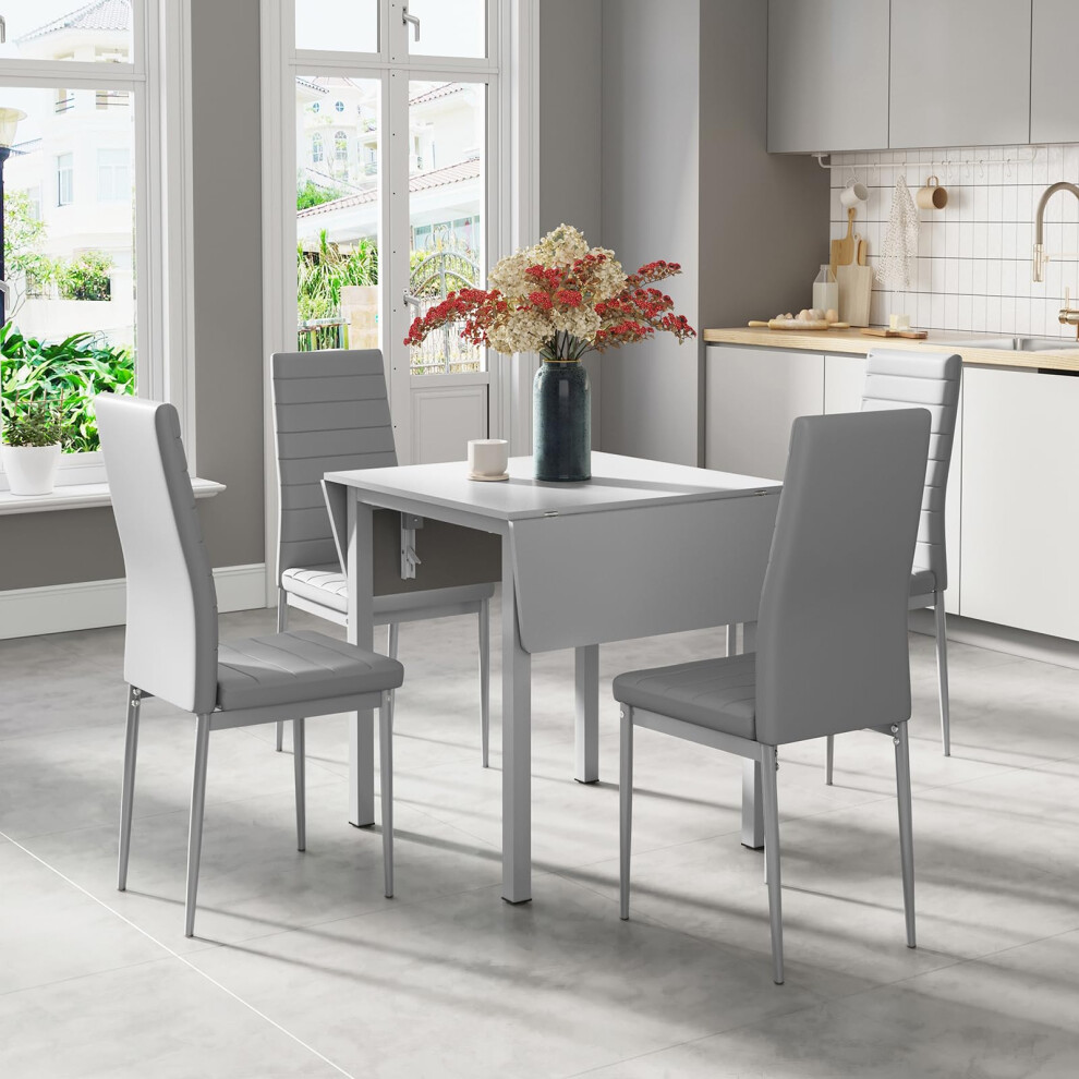 (Grey, A) JEFFORDOUTLET Dining Table and Chairs, Drop Leaf Kitchen Table With PU Leather High Back Chair