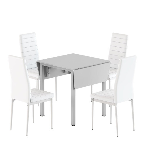 (White, A) Dining Table and Chairs, Drop Leaf Kitchen Table With PU Leather High Back Chair 2