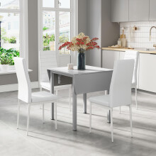 (White, A) Dining Table and Chairs, Drop Leaf Kitchen Table With PU Leather High Back Chair