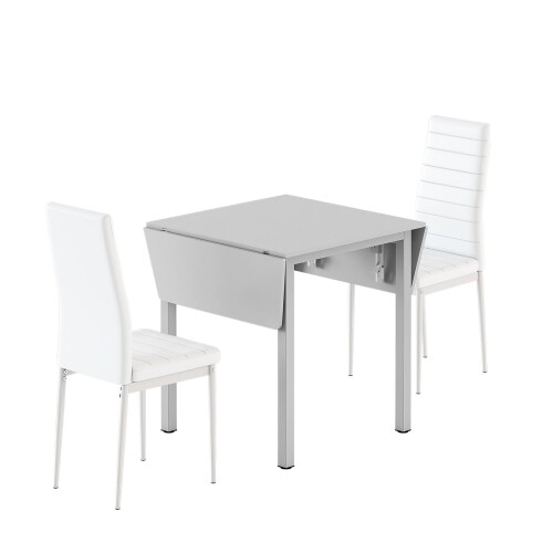 (White, B) Dining Table and Chairs, Drop Leaf Kitchen Table With PU Leather High Back Chair 2