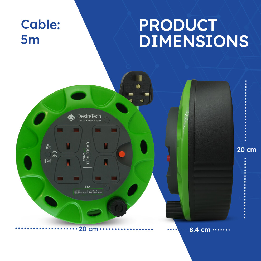 (5M) Heavy Duty Portable Cable Reel Extension 4 Sockets