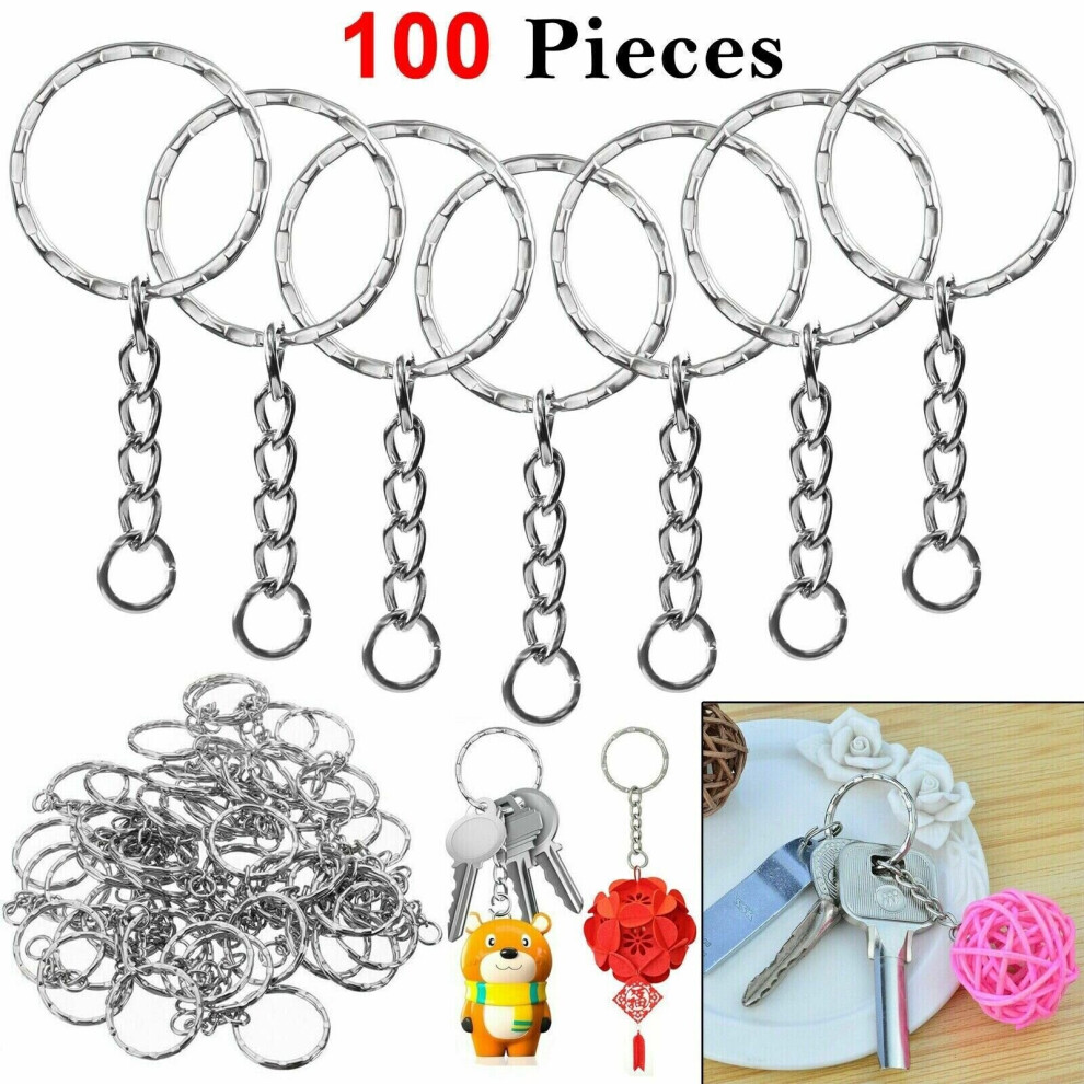 100X Keyring Blanks Tone Key Chains Key Split Rings With 4 Link Chain
