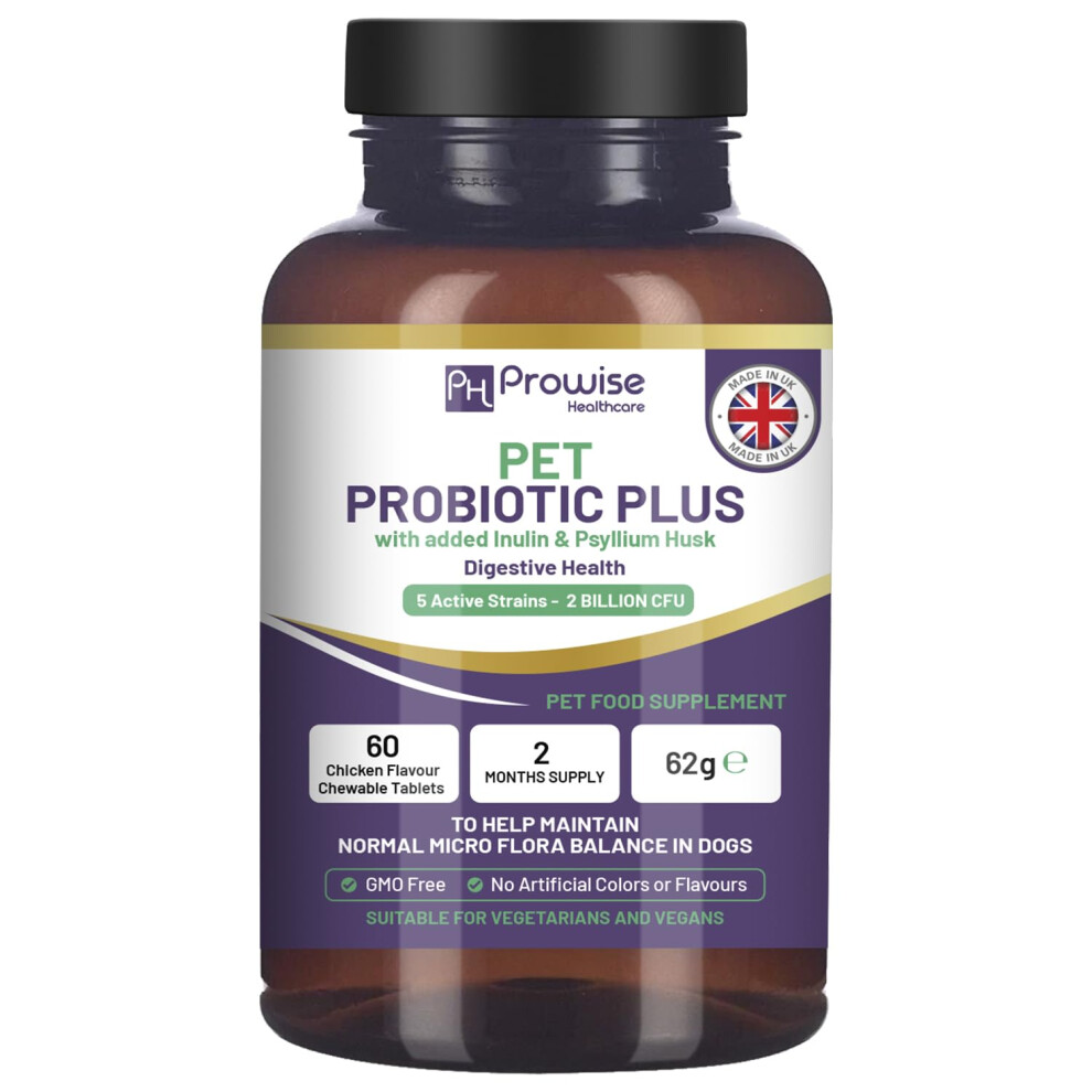 Ph Prowise Healthcare Pet Probiotic Plus With Added Inulin & Psyllium Husk 2 Billion Cfu With 5 Active Strains I 60 Chicken Flavour Chewable Tablets 2 Months Supply |
