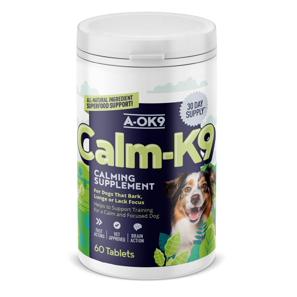 A-Ok9 Calm-K9 Calming Supplement For Dogs - 60 Tablets - Aids Anxiety Relief, Fireworks, Stress & Barking - Improves Reactive Behaviour - Natural