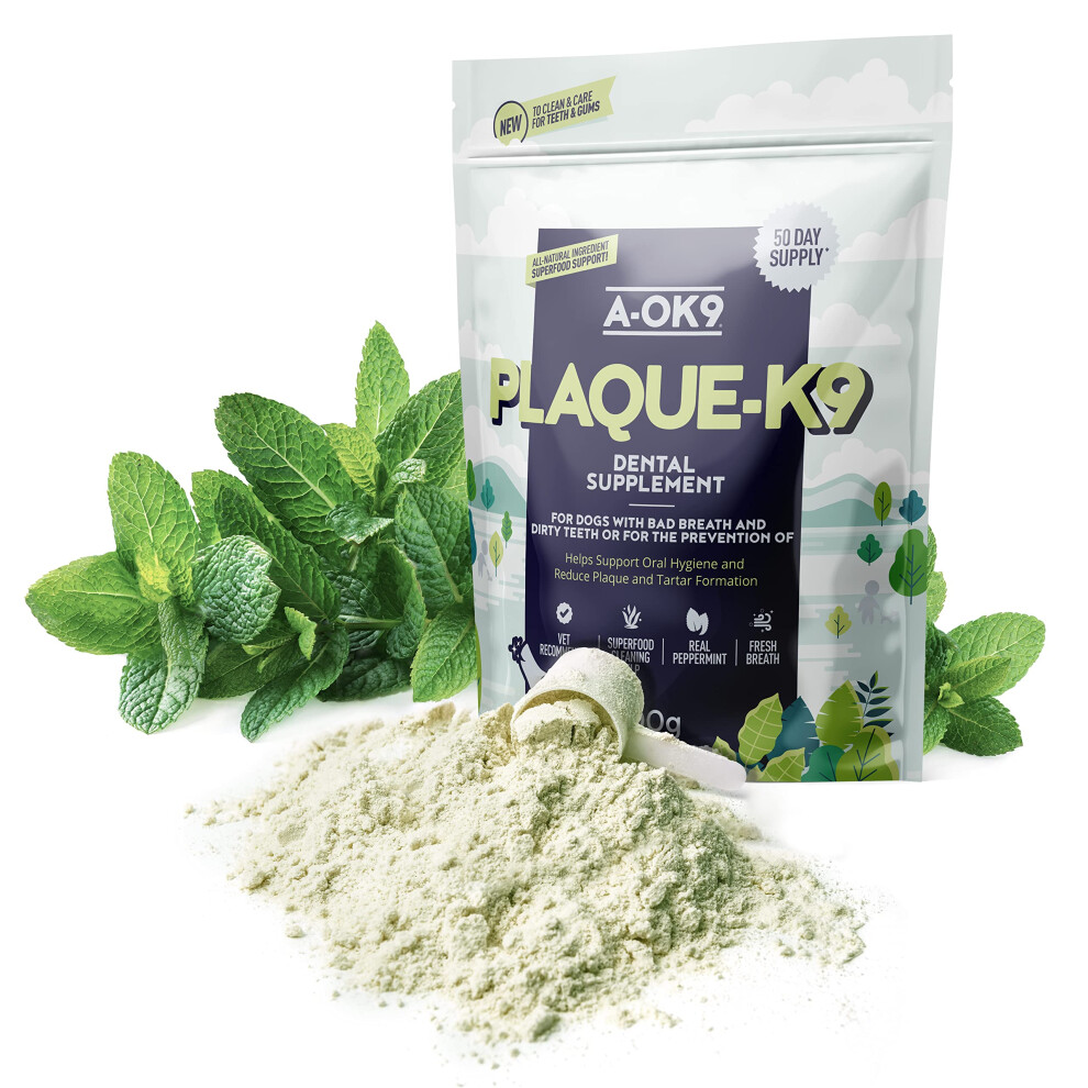 A-Ok9 Plaque-K9 | Dental Care Supplement For Dogs | Removes Plaque, Bad Breath & Tartar | Support Oral Hygiene | Natural Ingredients & Superfoods |