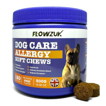 Flowzuk Dog Care Allergy Relief - 120 Soft Chews with Probiotics, Colostrum & Organic Turmeric for Gut Health & Itchy Skin - DG1