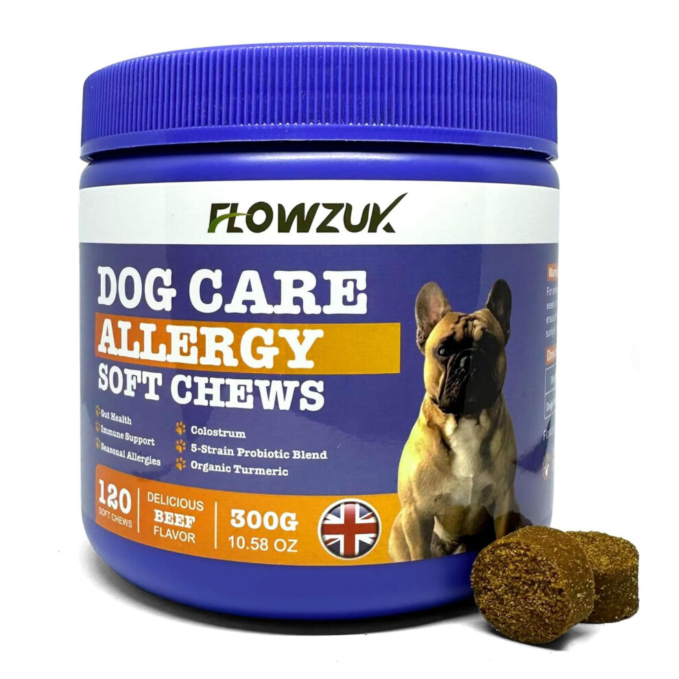 Flowzuk Dog Care Allergy Relief - 120 Soft Dog Chews - Dog Allergy Relief Probiotics for Gut Health and Itchy Skin - Dog Supplements to Soothe Paws,