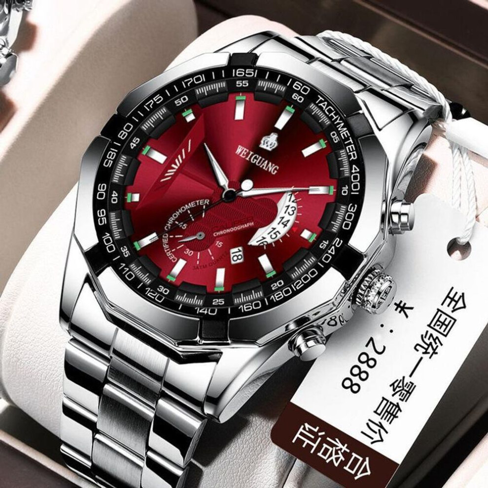 (red) Automatic Movement Watch Men&apos;s Non-mechanical Watch Calendar Waterproof Luminous Steel With Watch