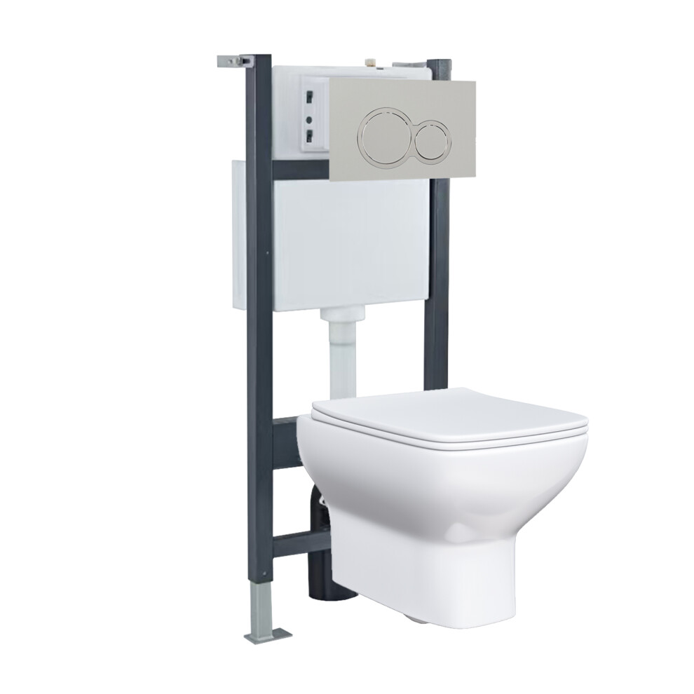 Nes Home White Square Wall Hung Toilet With Frame & Round Button Flush Plate