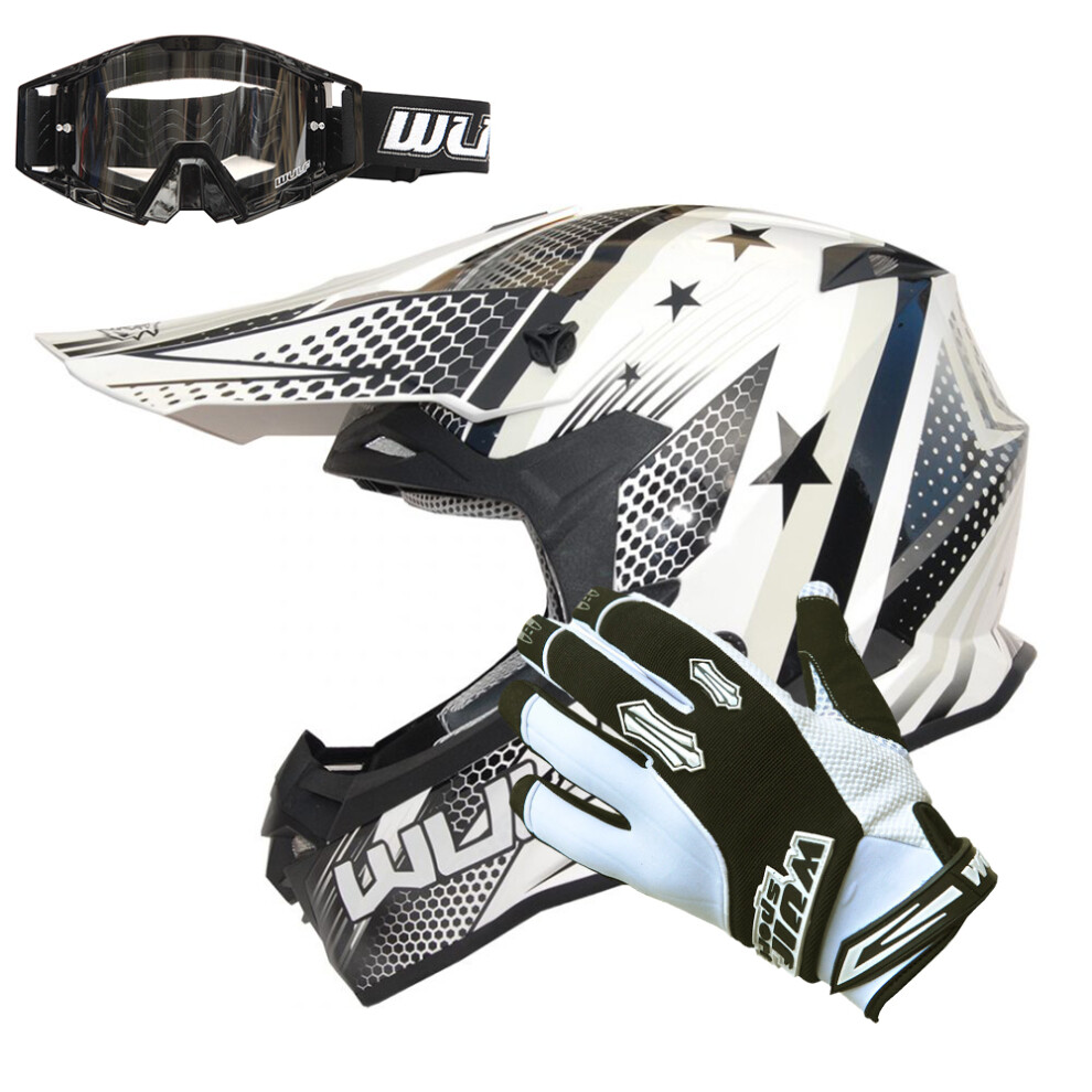 (White, M) Wulfsport Iconic Adult Helmet + Stratos Gloves + Goggles Off Road Helmet Motocross ATV Crash-image-OPC-PFXKVTV-NEW