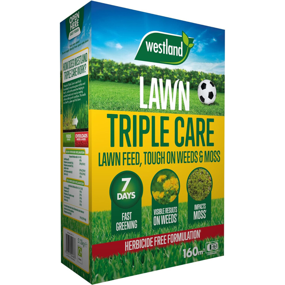 Westland Triple Care Lawn Food Herbicide Free Tough On Weed & Moss 160M2 Box