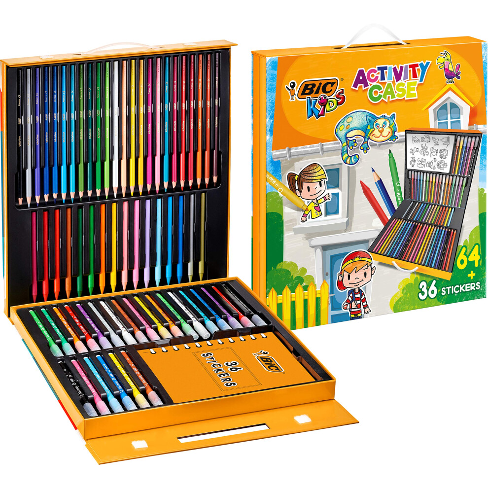 BIC Kids Stationery Activity Set And Carry Case, 64 Colouring Items (Colouring Pencils, Felt Pens And Crayons)