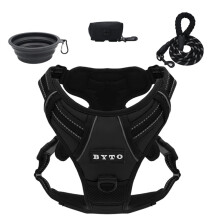 BYTO No Pull Dog Harness, Adjustable Soft Padded Dog Vest, Reflective Strips, Easy Control with a Heavy Duty 5ft Dog Lead, Foldable Dog Bowl and Dog