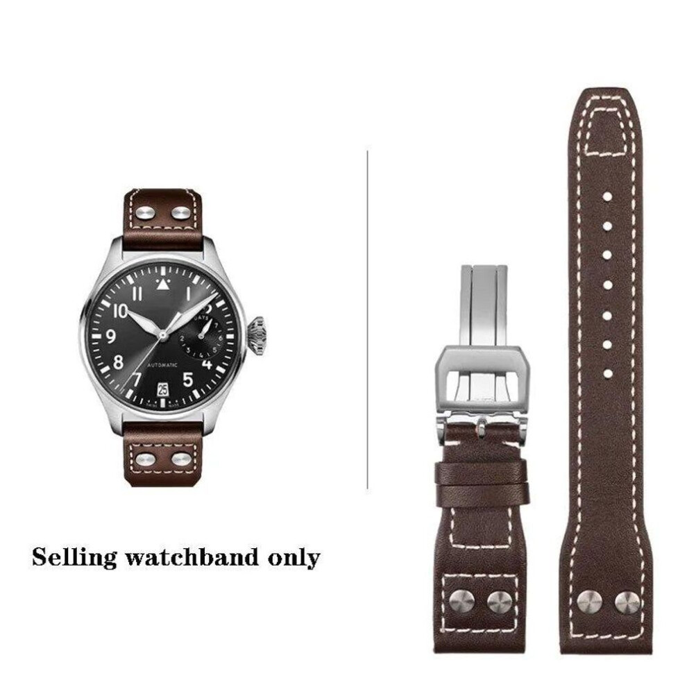 (Brown-silver  21mm) High Quality Genuine Leather Rivets Watchband 21mm 22mm Fit For Iwc Big Pilot Spitfire Top Gun Brown Blue Cowhide Watch Straps