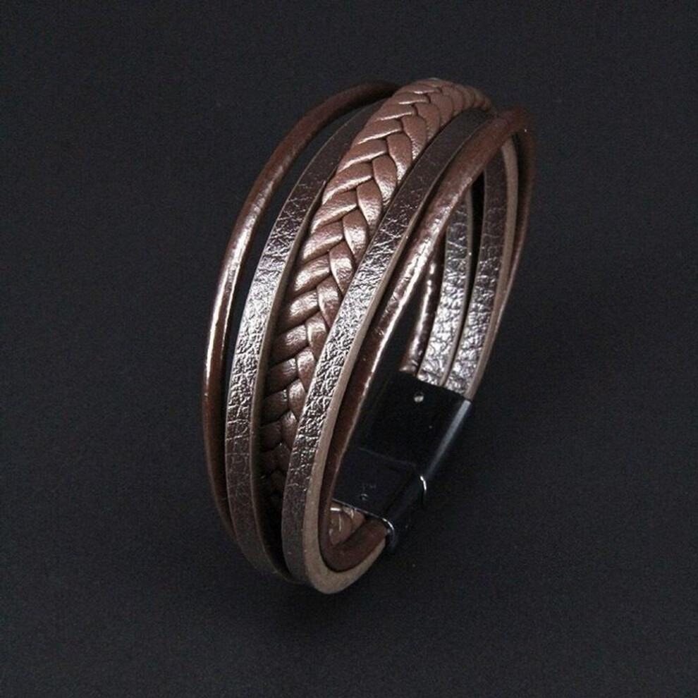 (brown) Handsome Brown Men&apos;s Magnetic Leather Buckle Buckle Hand-woven Multi-layer Leather Bracelet
