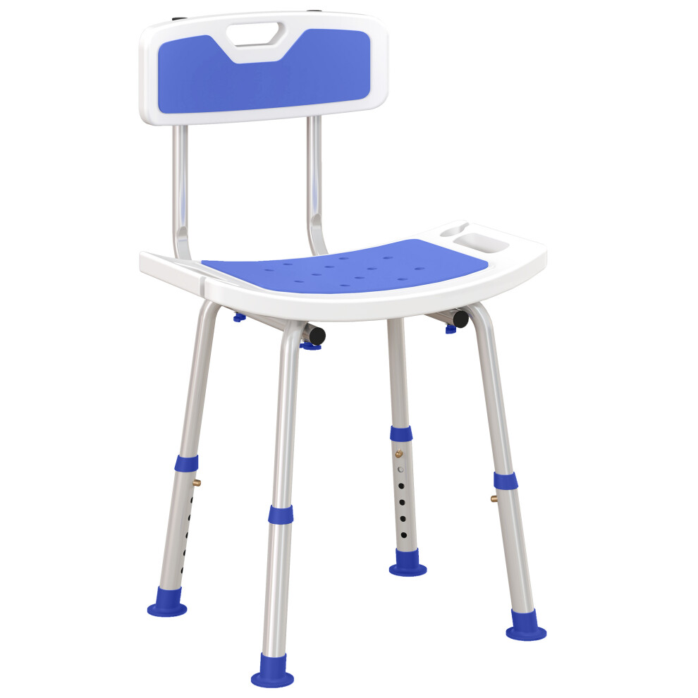 Homcom Adjustable Shower Stool For Elderly & Disabled, - 6-Position Height, Aluminum Frame, Drainage Holes, Non-Slip Bath Chair Blue