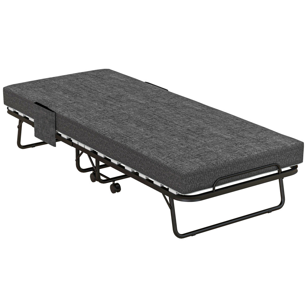 HOMCOM Folding Bed with Mattress Foldable Guest Bed on Wheels w/ Cover Dark Grey