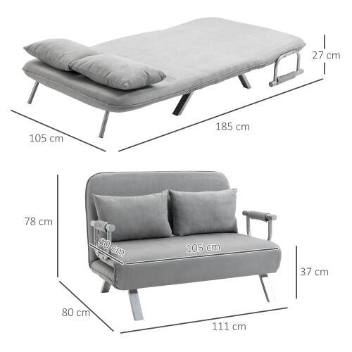 Homcom HOMCOM Fabric Convertible 2 Seater Sofa Bed w/ 2 Pillows, Light Grey 2