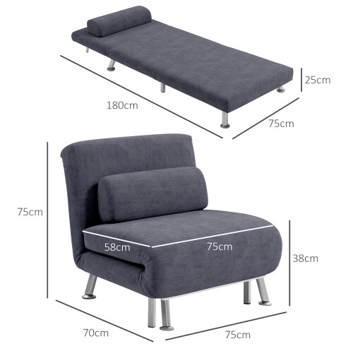 Homcom HOMCOM Single Folding 5 Position Convertible Sleeper Chair Charcoal Grey 2