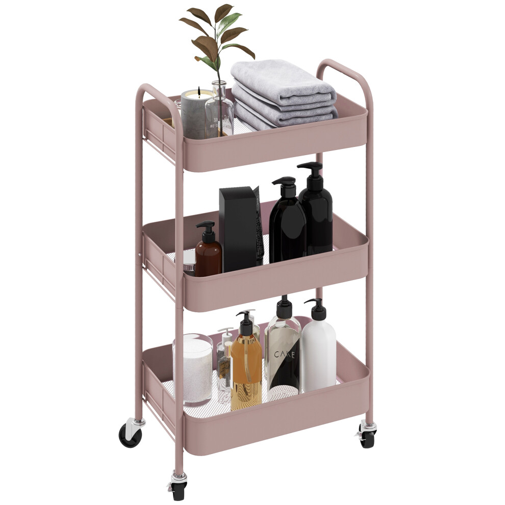 Homcom 3 Tier Rolling Utility Cart With 3 Mesh Basket, Pink