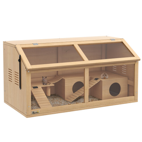 PawHut Wooden Hamster Cage for Gerbils w/ Suspension Bridge, Ladders, Nature
