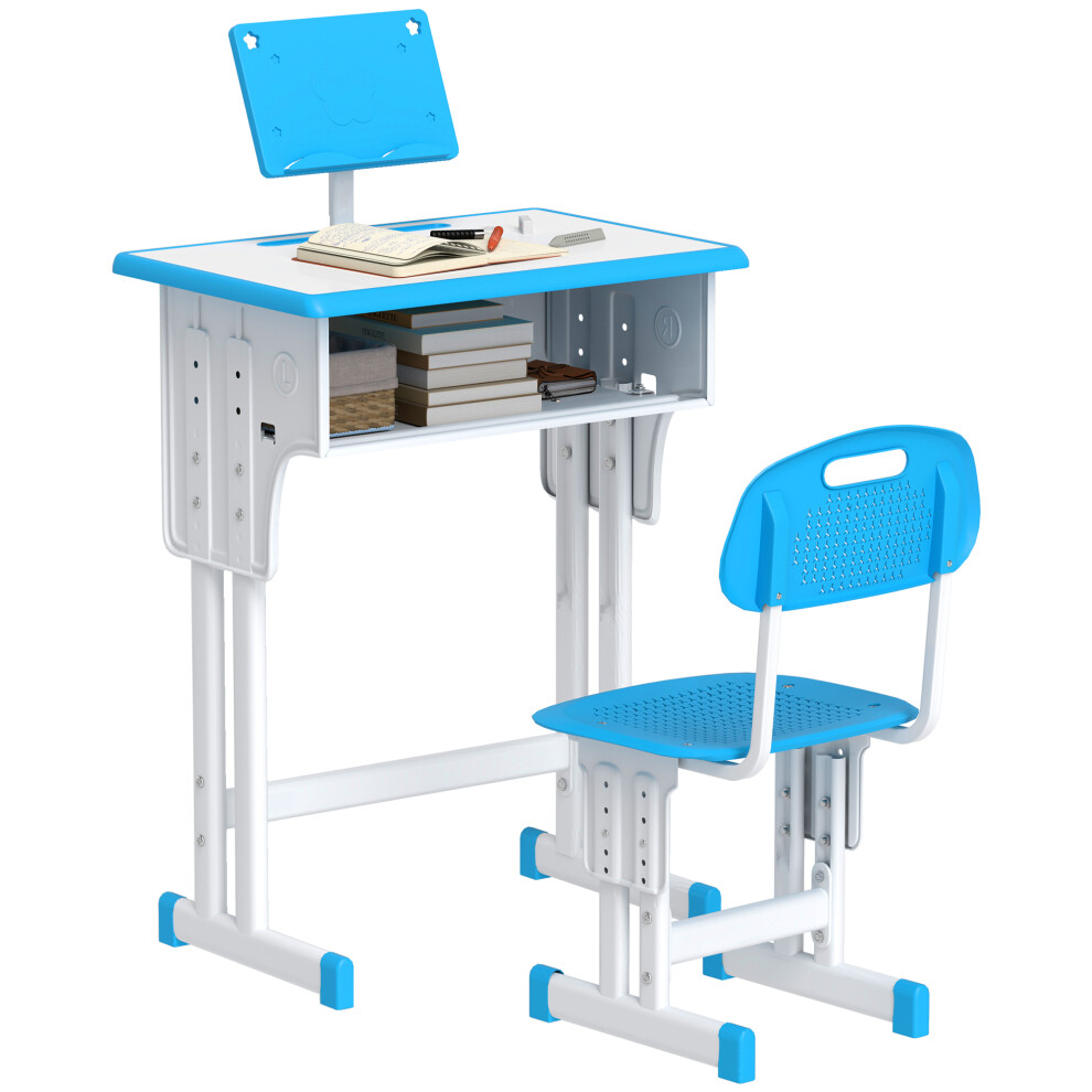 Homcom Kids Desk And Chair Set W/ Drawer, Book Stand, Pen Slot, Blue