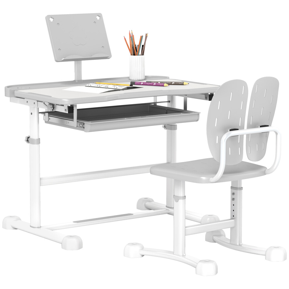AIYAPLAY Height Adjustable Kids Desk and Chair Set w/ Tilted Desktop, Grey