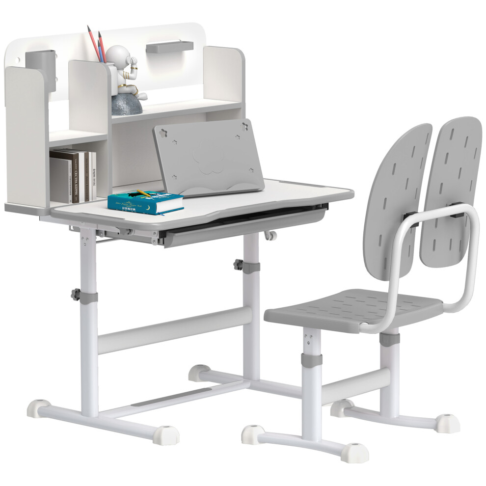 Aiyaplay Unisex Grey Kids Desk & Chair Set W/ Tiltable Desktop, Reading Rack In - Image 5