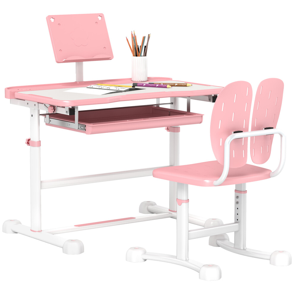 AIYAPLAY Height Adjustable Kids Desk and Chair Set w/ Tilted Desktop, Pink