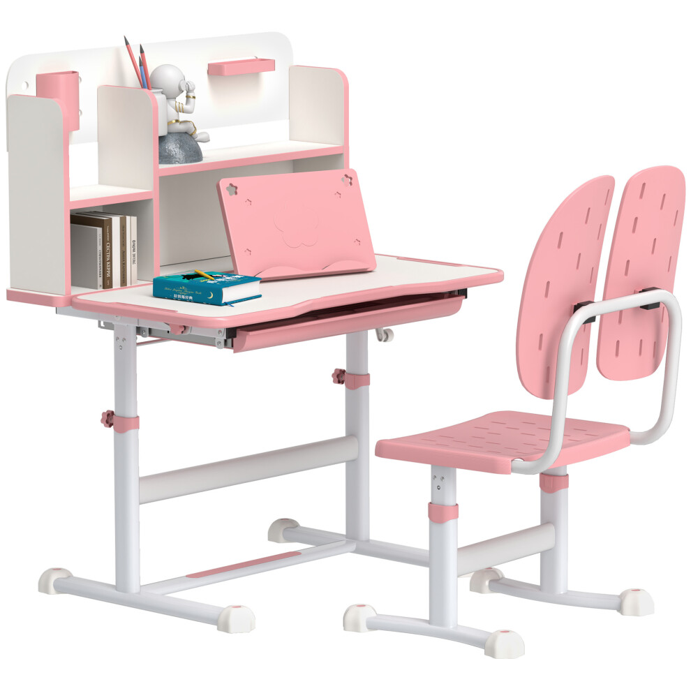 AIYAPLAY Kids Desk and Chair Set w/ Tiltable Desktop, Reading Rack, Pink