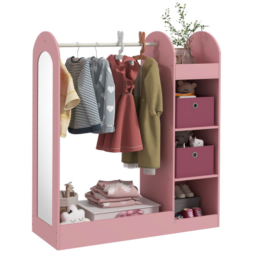 AIYAPLAY Kids Clothes Rail with Storage Shelf, Boxes, Mirror, Pink 1