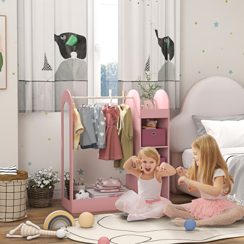 AIYAPLAY Kids Clothes Rail with Storage Shelf, Boxes, Mirror, Pink 2