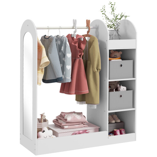 AIYAPLAY Kids Clothes Rail with Storage Shelf, Boxes, Mirror, White 1