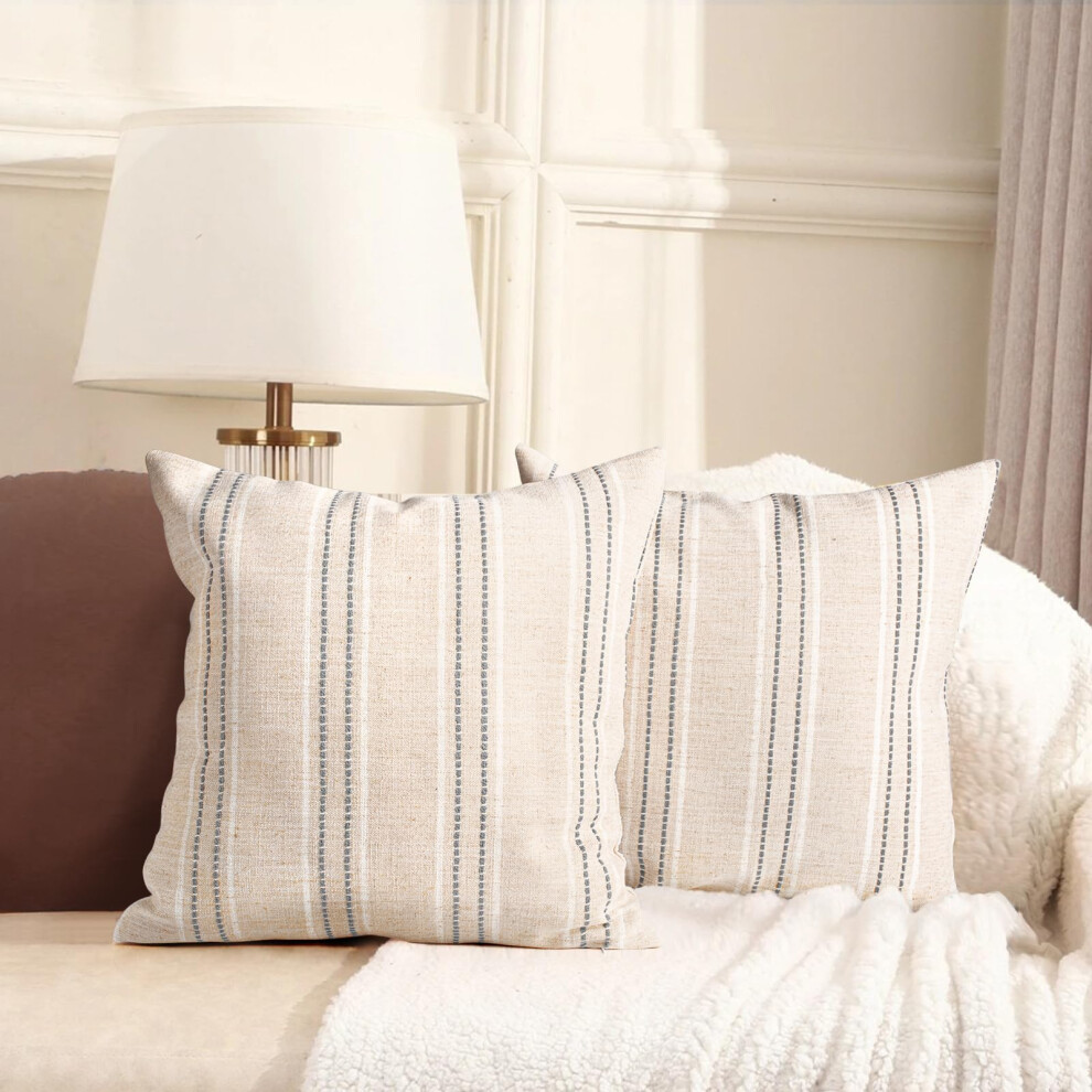 Aels Beige/White/Gray 16X16 Decorative Farmhouse Linen Throw Pillow Covers Boho Textured Pillow Case Set Of 2 With & Stitch Yarn Dyed Stripe Cushio