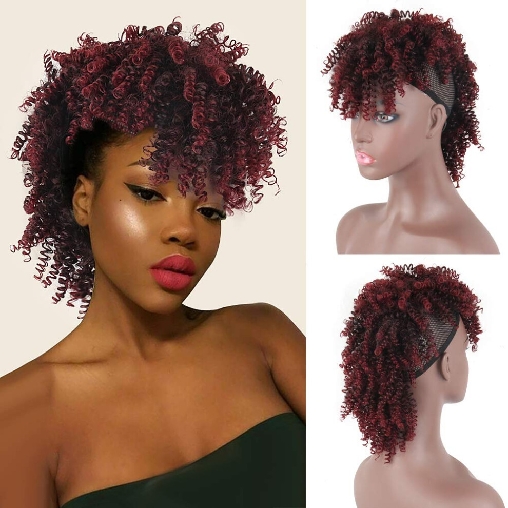 Aisaide Unisex Red High Puff Afro Ponytail Drawstring Short Curly Ponytail Extension Mohawk Kinky Synthetic Hair Bun With Bangs Wrap Updo Clip In Hair Extens