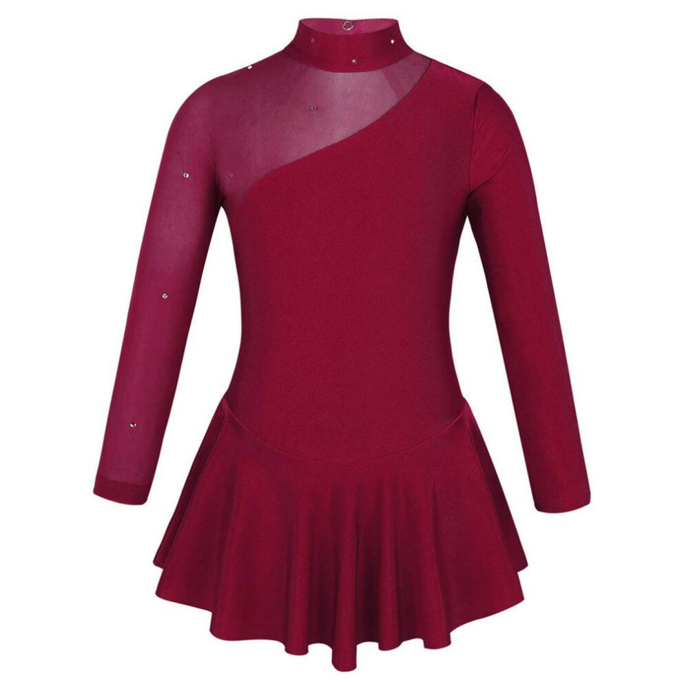 (burgundy, 3-4 Years) Kids Girls Ballroom Skater Dress Tulle Long Sleeve Gymnastics Leotard Ballet Dance Skirt Costume