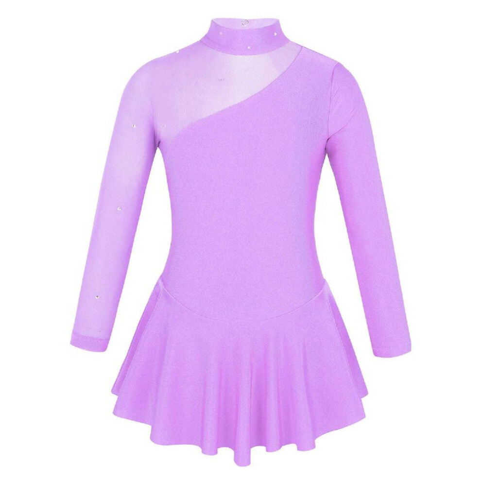 (lavender, 3-4 Years) Kids Girls Ballroom Skater Dress Tulle Long Sleeve Gymnastics Leotard Ballet Dance Skirt Costume