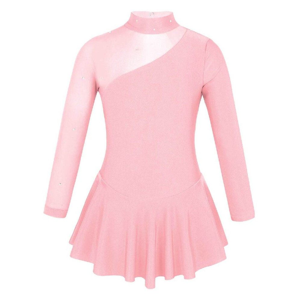 (pink, 9-10 Years) Kids Girls Ballroom Skater Dress Tulle Long Sleeve Gymnastics Leotard Ballet Dance Skirt Costume