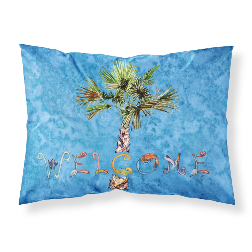 ""Caroline's Treasures 8708PILLOWCASE Welcome Palm Tree Auf Blauem Stoff, Standard-Kissenbezug, Gro , Mehrfarbig""-image