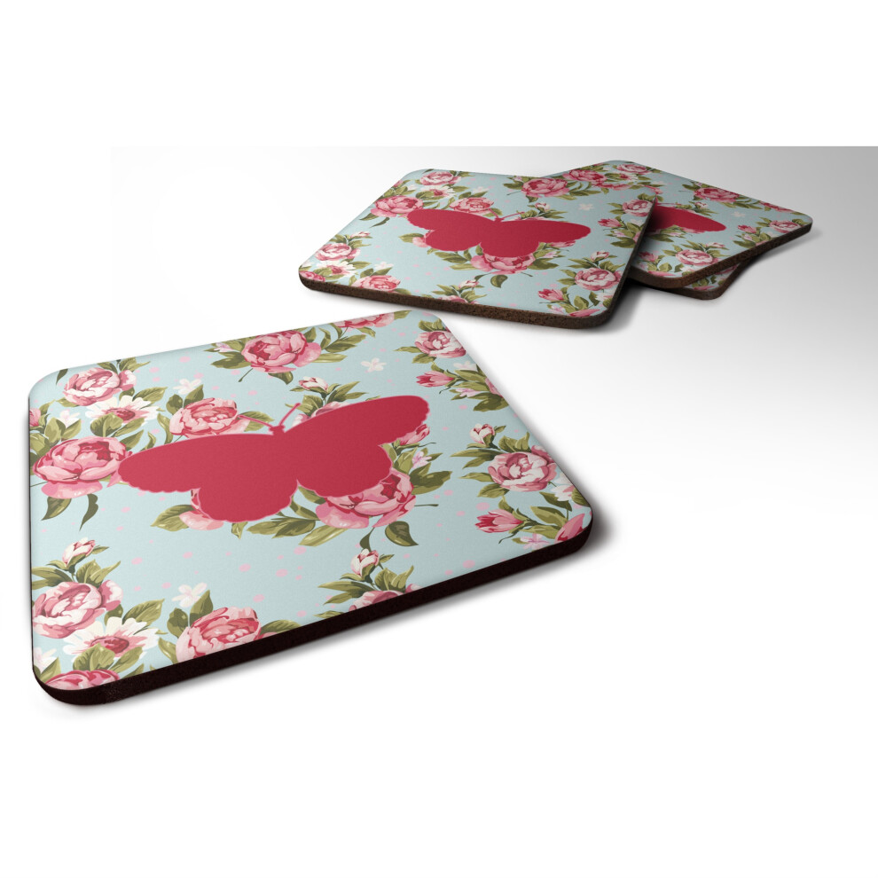 Caroline's Treasures BB1052-RS-BU-FC Schaumstoff-Untersetzer Mit Schmetterlingsmotiv, Shabby Chic, Blaue Rosen, 4Er-Set, 8,9 Cm H X 8,9 Cm B, Mehrfarb-image