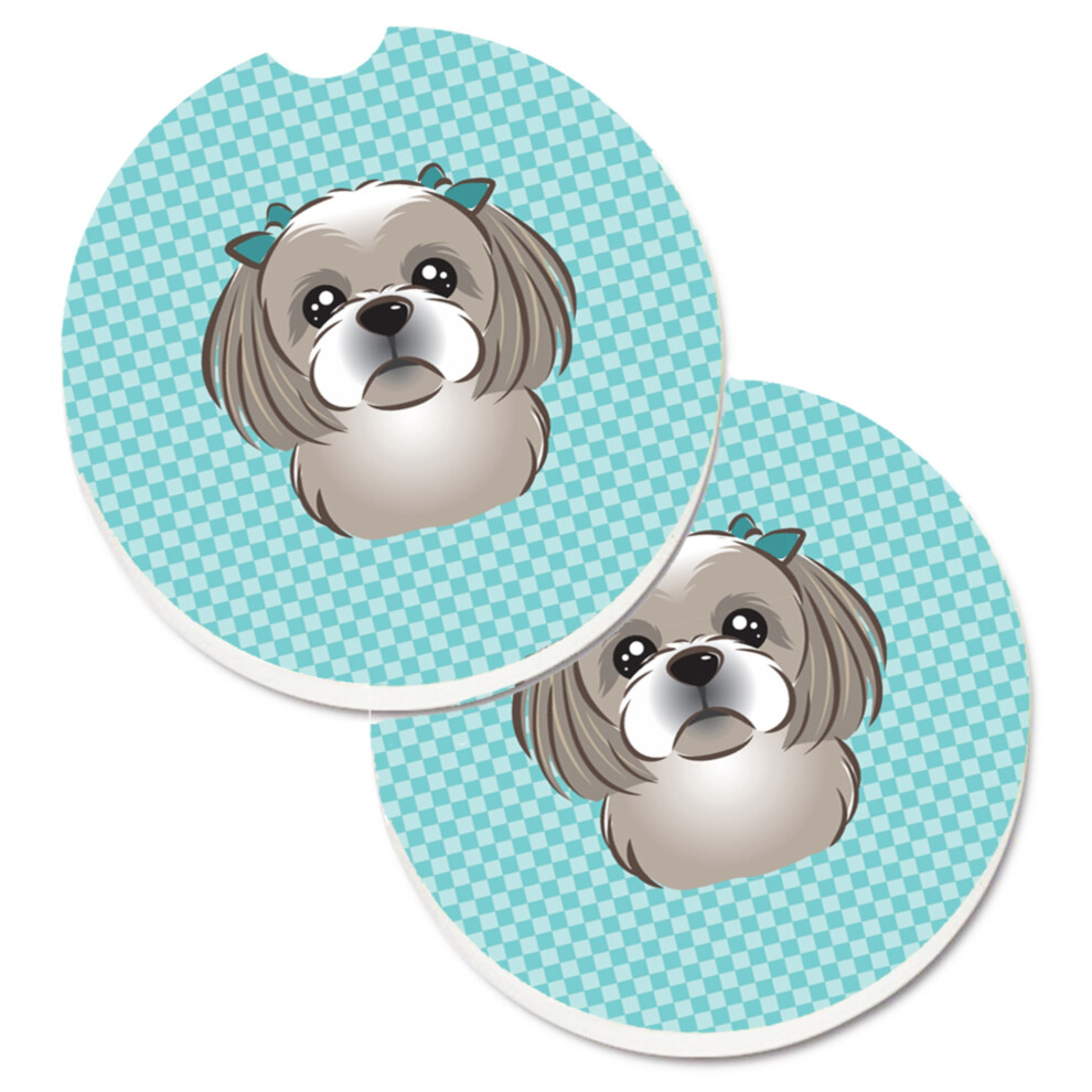 ""Caroline's Treasures Lot de 2 porte-gobelets pour voiture en damier bleu gris argenté Shih Tzu BB1188CARC 2,56 Multicolore""