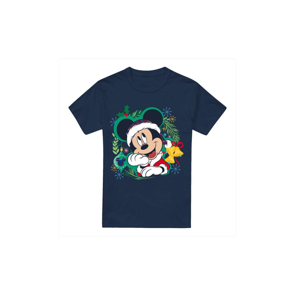 (L, Navy) Disney Mens Mickey Mouse Wreath Christmas T-Shirt