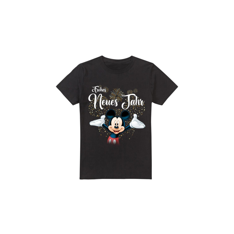 (M, Black) Disney Mens German Mickey Mouse Fireworks New Year T-Shirt